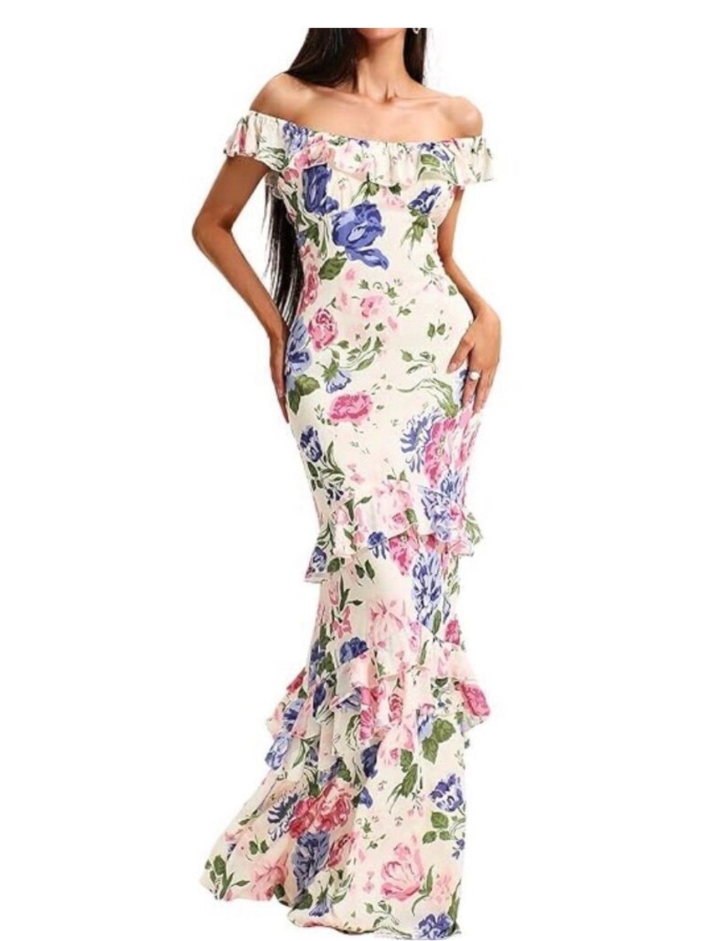 NEW Jardinvue Floral Tiered Ruffle Hem Fishtail Maxi Dress Gown Size Medium